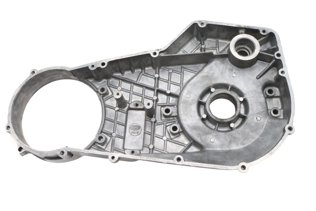 Polished V-Twin Factory Sample Inner Primary Cover for drive line, showcasing a sleek, shiny motorcycle engine component.