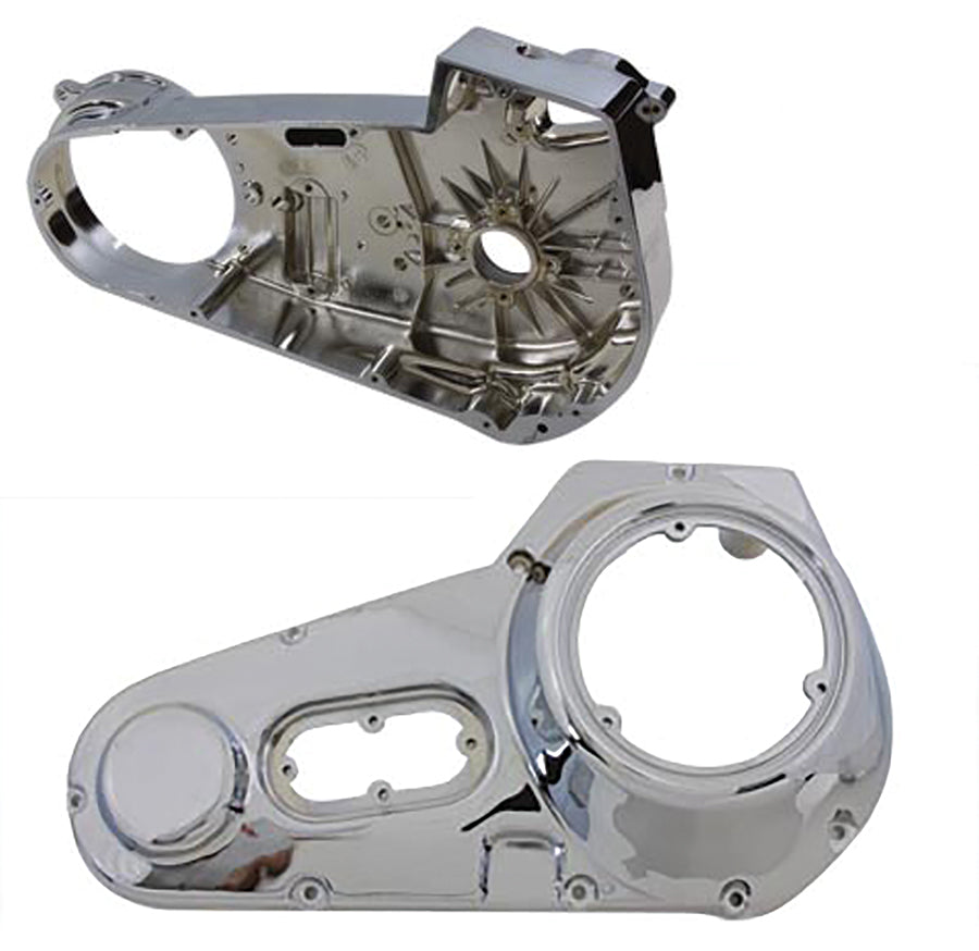 V-Twin Factory Sample FL Primary Cover Set for drive line, showing polished metal covers and mounting hardware.