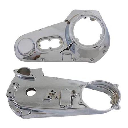 V-Twin Factory Sample FX primary drive line cover set showing chrome finish and detailed design for Harley Davidson motorcycles.