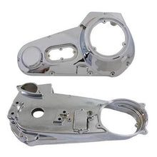 Load image into Gallery viewer, V-Twin Factory Sample FX primary drive line cover set showing chrome finish and detailed design for Harley Davidson motorcycles.