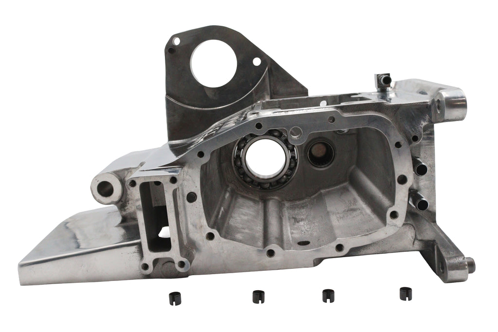 Polished Ultima 6-speed transmission case, durable metal construction, showing detailed exterior with mounting points and branding.