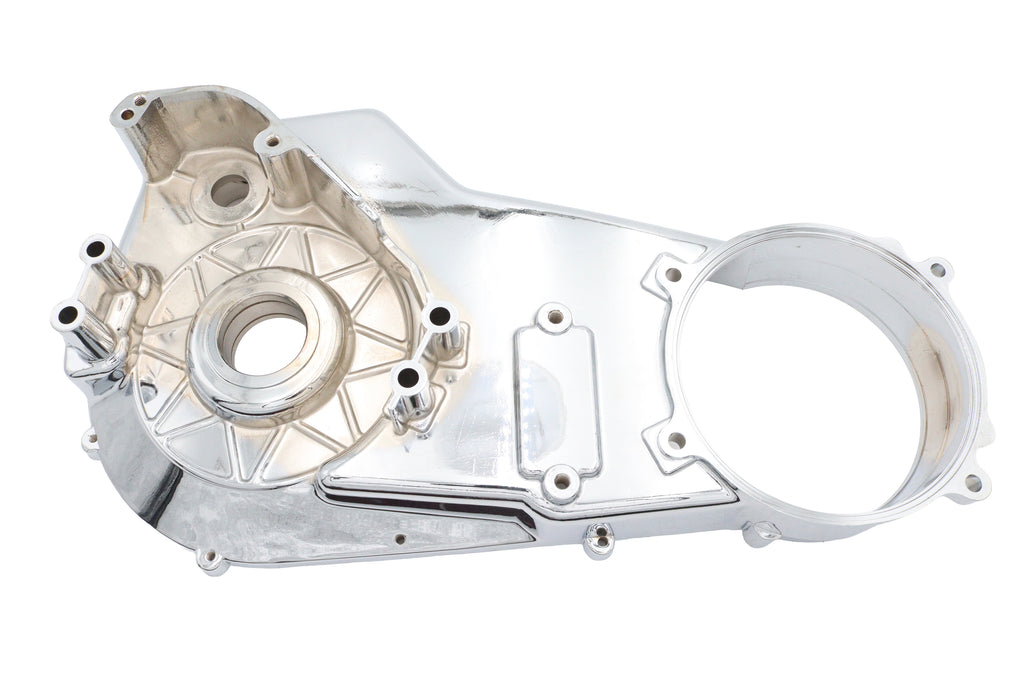 Chrome inner primary cover for motorcycle drive line by Motorshop, showcasing a shiny, polished metal finish.