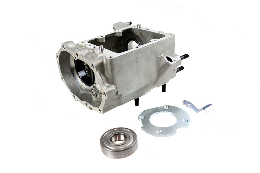 V-Twin 4-speed transmission gear box with components, showing gears and internal parts for motorcycle drivetrain repair.