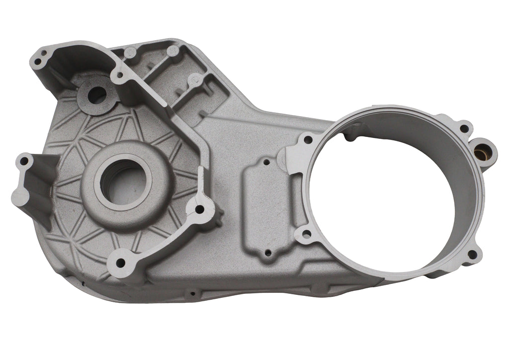 V-TWIN inner primary cover for drive line, natural finish, designed for Harley Davidson motorcycles, visible with detailed surface texture.