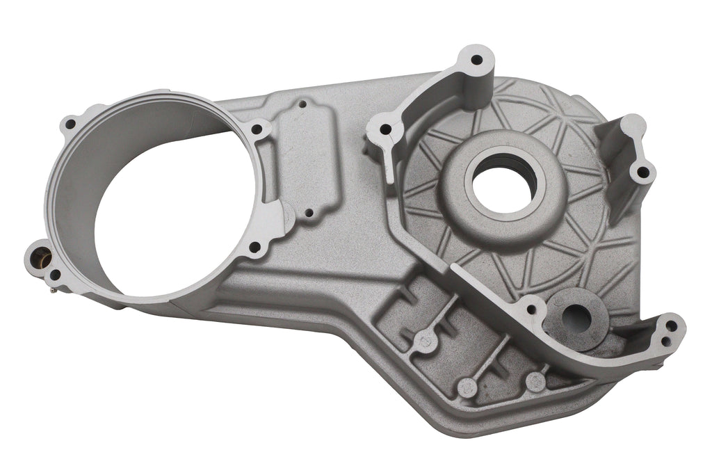 V-TWIN drive line inner primary cover in natural finish, showcasing the detailed chrome-plated motorcycle engine component.