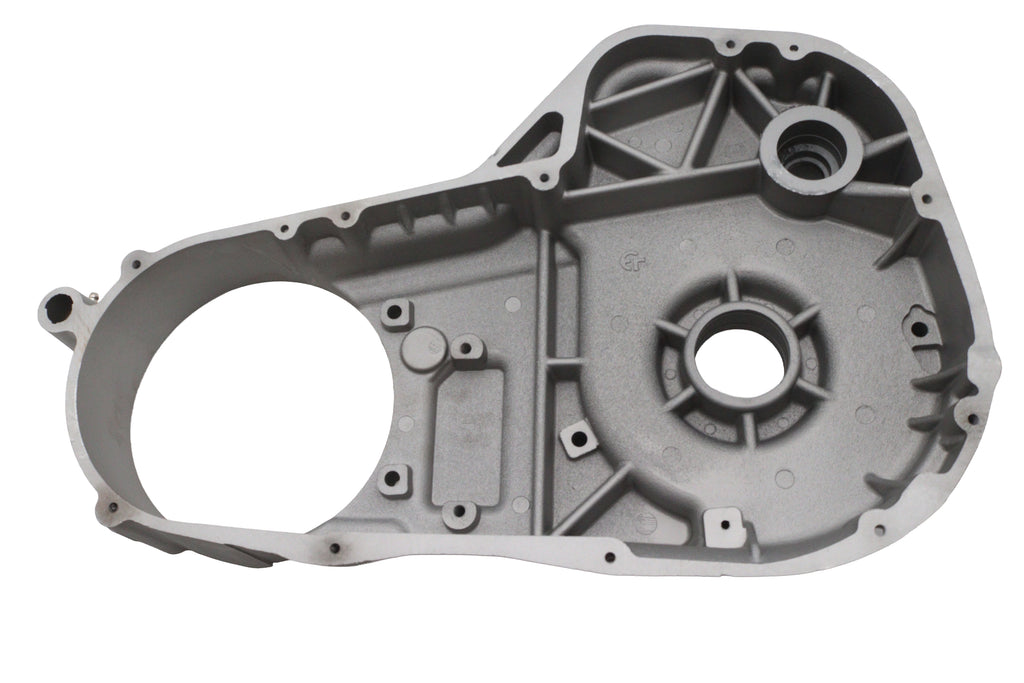 V-TWIN inner primary cover for drive line, natural finish, designed for motorcycle V-twin engines, showing the cover with mounting holes