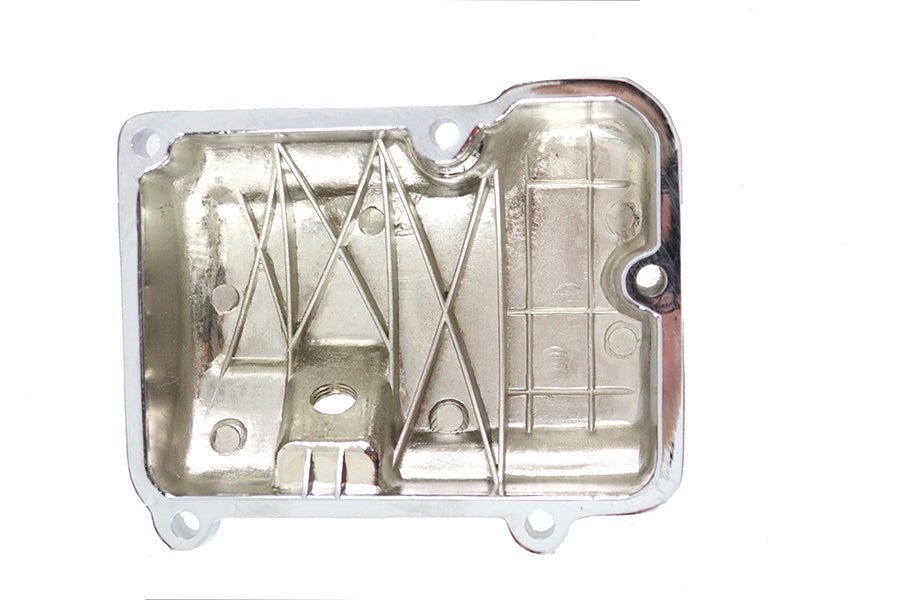 Chrome transmission top cover for Motorshop transmission system, featuring a shiny, polished finish and sturdy construction.