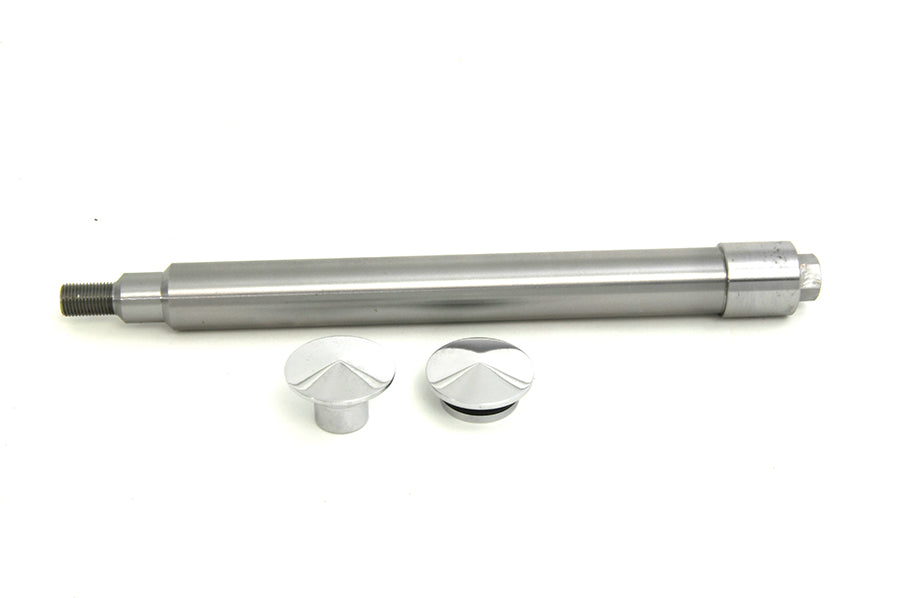 V-TWIN chrome flush mount front axle for motorcycle wheel and tire, shiny and polished metal finish.