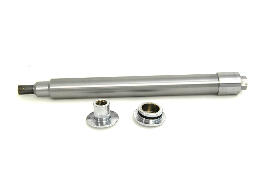 V-TWIN chrome flush mount front axle for motorcycle wheel and tire, featuring a sleek, polished finish.