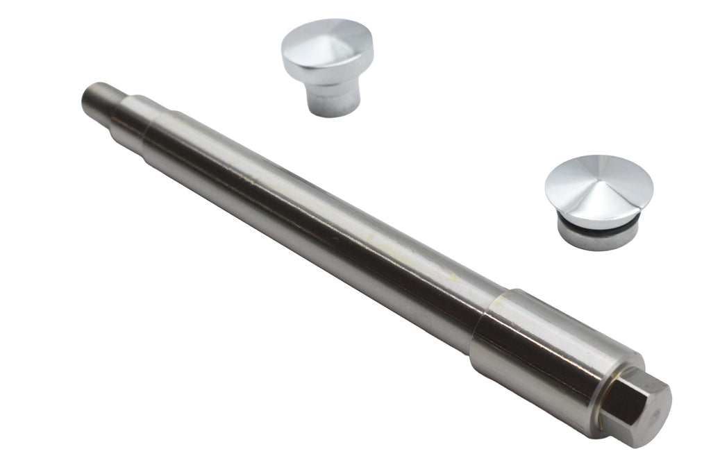 V-TWIN chrome flush mount front axle for motorcycle wheel and tire, featuring a sleek, polished finish and durable construction.