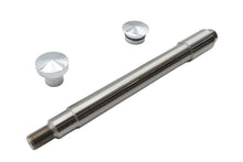 Load image into Gallery viewer, V-TWIN chrome flush mount front axle for motorcycle wheel and tire, showcasing polished metal finish and mounting hardware.
