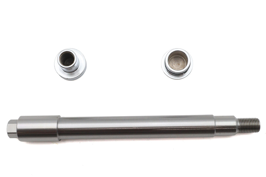 V-TWIN chrome flush mount front axle for wheel and tire, showcasing a shiny, durable motorcycle axle with a polished finish.