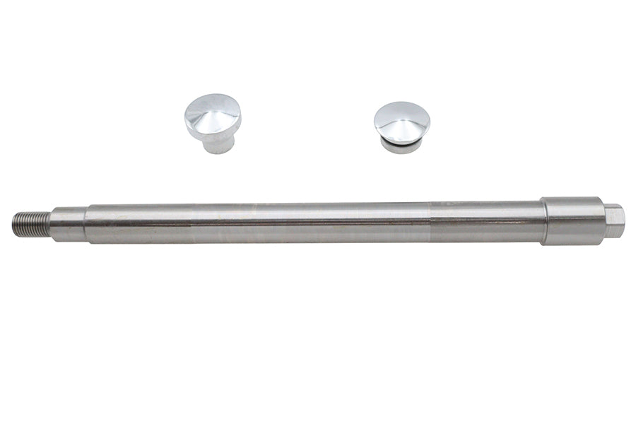 V-TWIN chrome flush mount front axle for motorcycle wheel and tire, featuring sleek, polished metal finish.