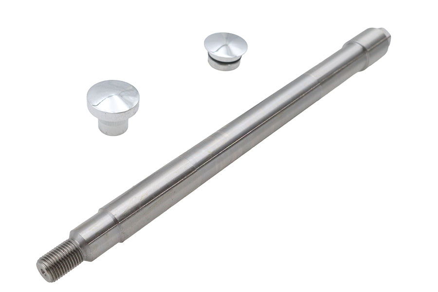 V-TWIN chrome flush mount front axle for motorcycle wheel and tire, featuring a sleek, polished finish and sturdy construction.