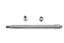 Load image into Gallery viewer, V-TWIN chrome flush mount front axle for motorcycle wheel and tire, shiny and polished with mounting hardware visible.