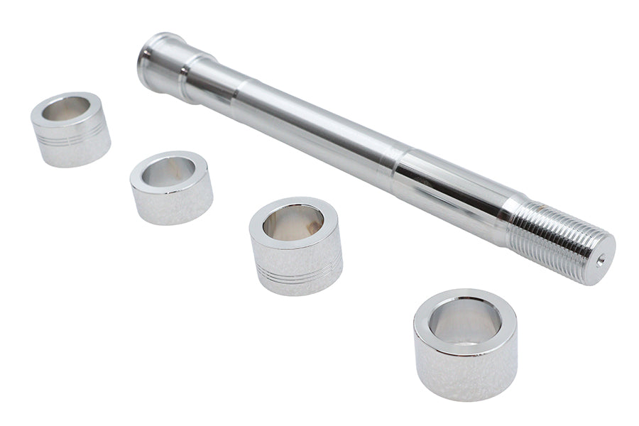 V-TWIN chrome front axle kit for wheel and tire, featuring a polished metal finish, designed for motorcycle front wheel installation.