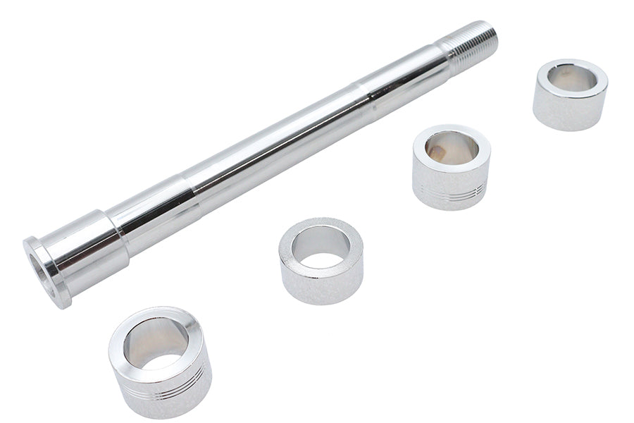V-TWIN Chrome Front Axle Kit for motorcycle wheel and tire assembly, featuring polished chrome finish and durable construction.