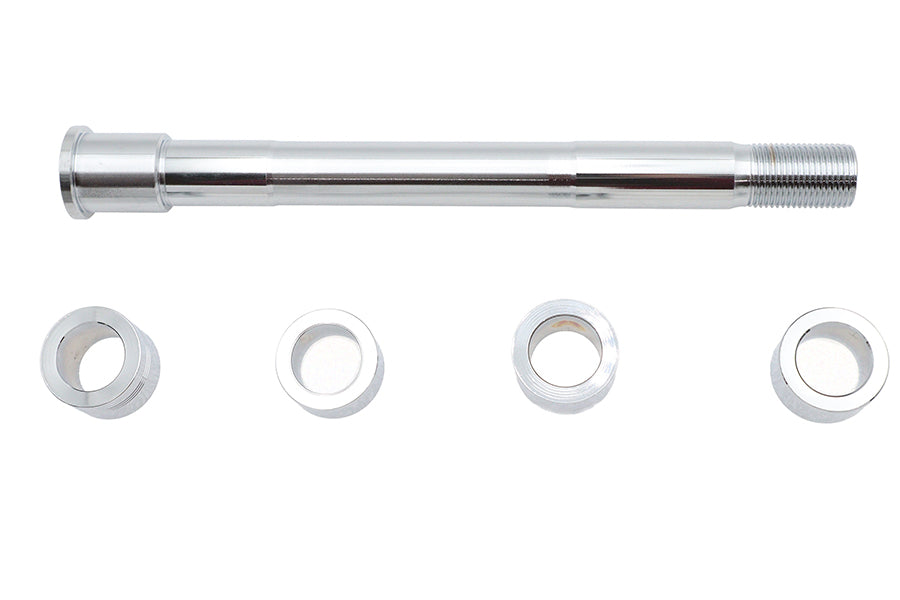 V-TWIN Chrome front axle kit for wheel and tire, featuring a polished, durable metal design for motorcycle customization.
