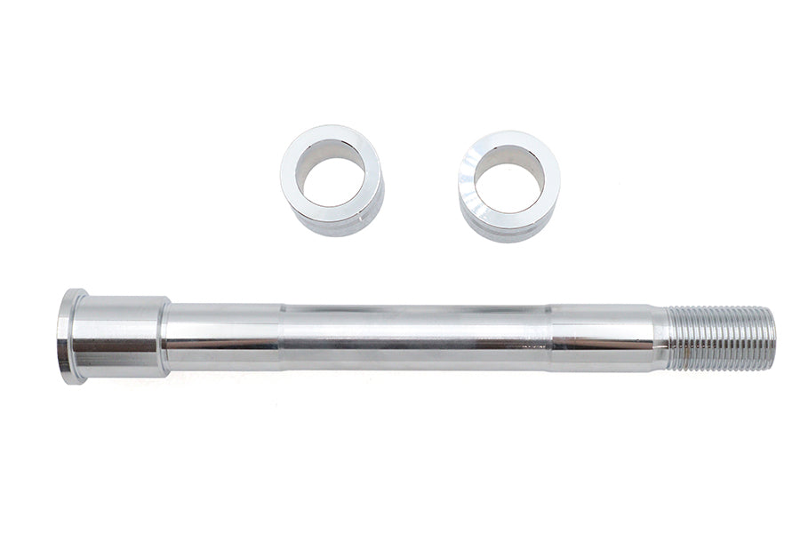 V-TWIN chrome front axle kit for wheel and tire assembly, featuring polished metal components and detailed hardware.