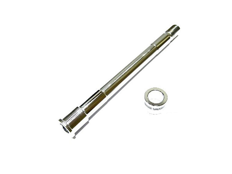 V-TWIN chrome front axle kit for wheel and tire, featuring polished metal finish and durable construction for motorcycle front end.