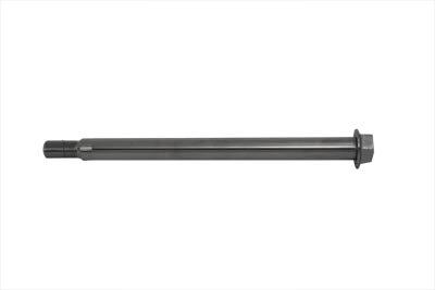 V-TWIN chrome front axle for motorcycle wheel and tire, featuring a shiny, polished finish and sturdy construction.