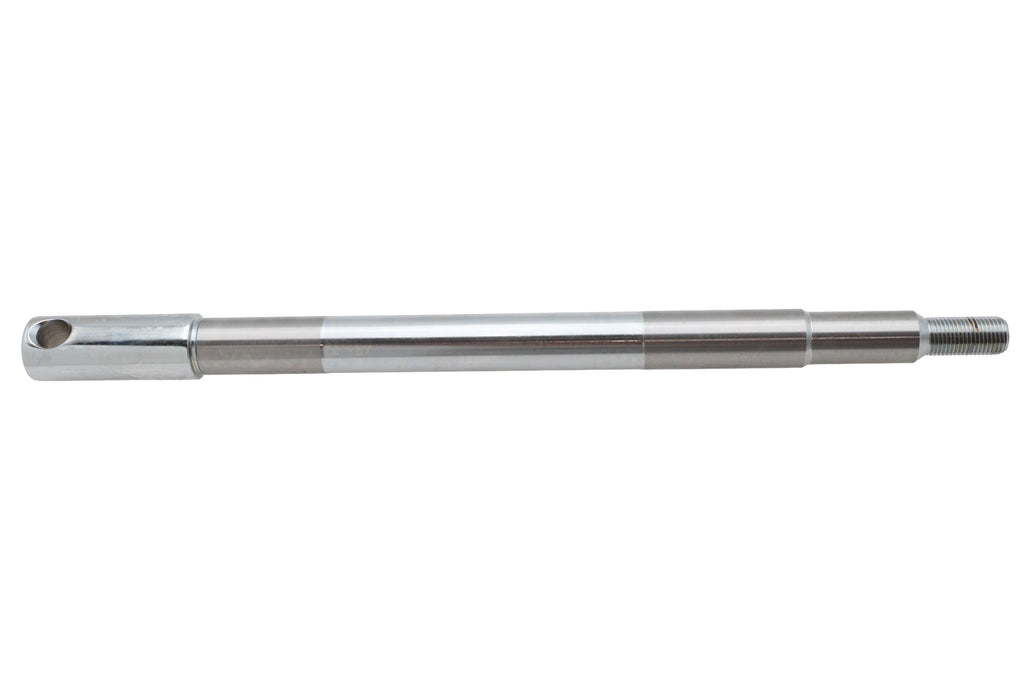 V-TWIN chrome front axle for motorcycle wheel and tire, featuring polished metal finish and sturdy construction.