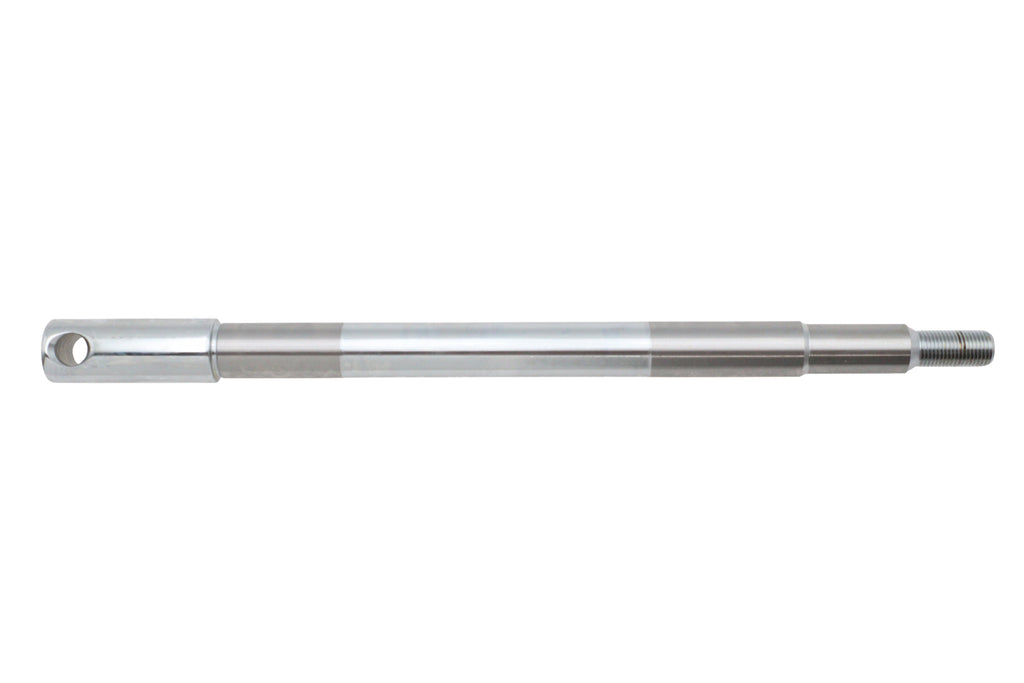 V-TWIN chrome front axle for motorcycle wheel and tire, showcasing a shiny, polished metal component with detailed design.