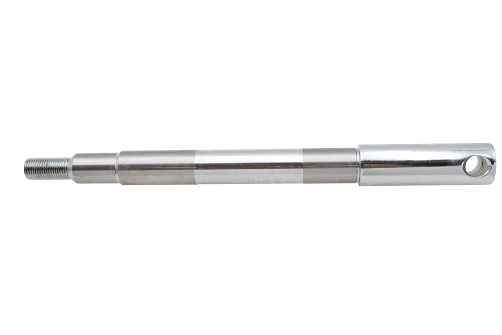 V-TWIN chrome front axle for motorcycle wheel and tire, featuring a sleek, polished finish and sturdy construction.
