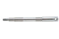 V-TWIN chrome front axle for motorcycle wheel and tire, featuring a sleek, polished finish and sturdy construction.
