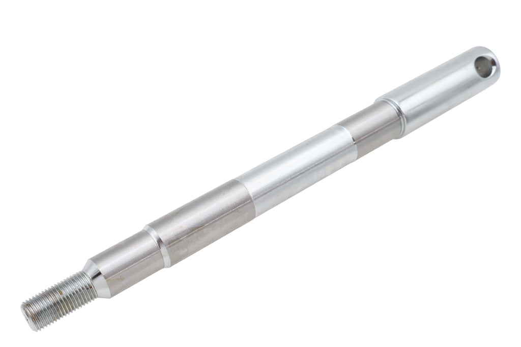 V-TWIN chrome front axle for motorcycle wheel and tire, featuring a polished, durable metal finish.