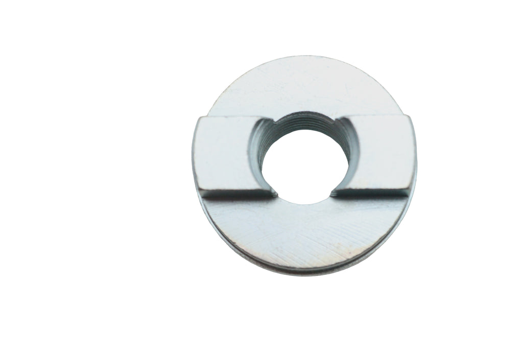 V-TWIN swingarm pivot pin nut for motorcycle chassis, showing the sturdy metal nut on a white background.
