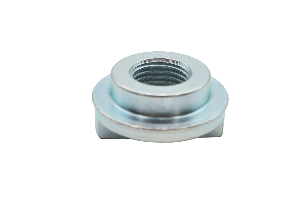 V-Twin swingarm pivot pin nut for motorcycle chassis, showing the metal nut component on a plain background.