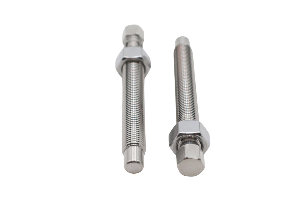 V-TWIN stainless steel wheel adjuster screw set for motorcycle wheels and tires, shown in a close-up image.