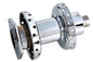 V-TWIN chrome front wheel hub for motorcycle wheel and tire, featuring polished metal finish and detailed construction.