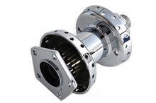 Load image into Gallery viewer, V-TWIN chrome front wheel hub for motorcycle wheel and tire, featuring polished chrome finish and detailed design.