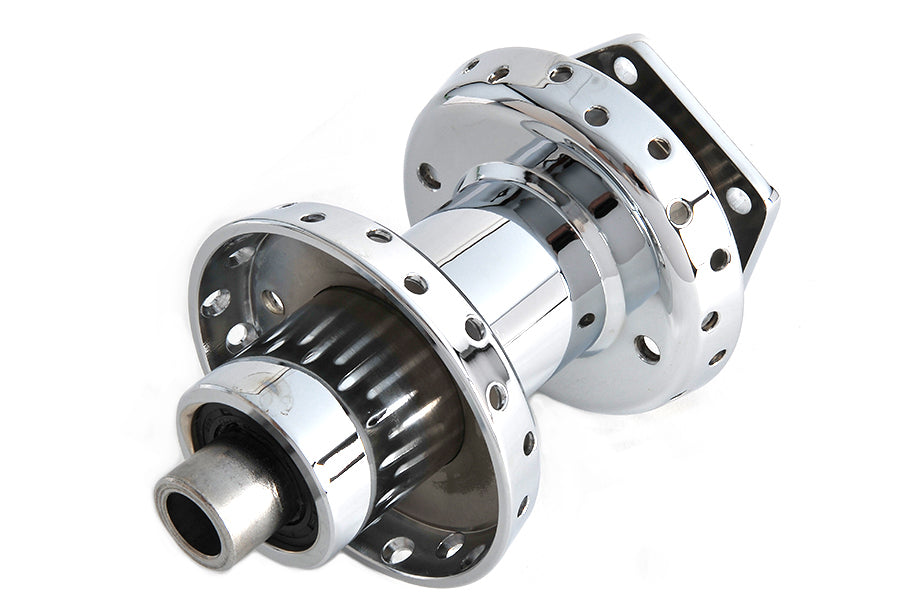 V-TWIN chrome front wheel hub for motorcycle wheel and tire with a shiny, polished finish.