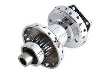 Load image into Gallery viewer, V-TWIN chrome front wheel hub for motorcycle wheel and tire with a shiny, polished finish.