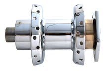 Load image into Gallery viewer, V-TWIN chrome front wheel hub for motorcycle wheel and tire, showcasing shiny, polished metal with detailed design.