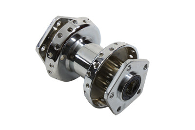 V-TWIN chrome front wheel hub for motorcycle, wheel and tire component with polished finish and detailed design.