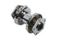 V-TWIN chrome front wheel hub for motorcycle, wheel and tire component with polished finish and detailed design.