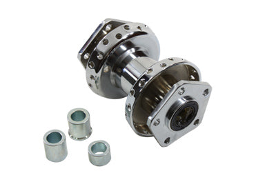 V-Twin chrome front wheel hub for motorcycle wheel and tire, showcasing polished metal finish and detailed design.