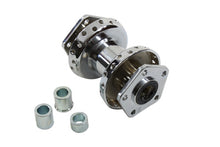 Load image into Gallery viewer, V-Twin chrome front wheel hub for motorcycle wheel and tire, showcasing polished metal finish and detailed design.