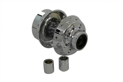 V-TWIN chrome front wheel hub for motorcycle wheel and tire assembly, featuring polished chrome finish and detailed design.