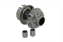 Load image into Gallery viewer, V-TWIN chrome front wheel hub for motorcycle wheel and tire assembly, featuring polished chrome finish and detailed design.