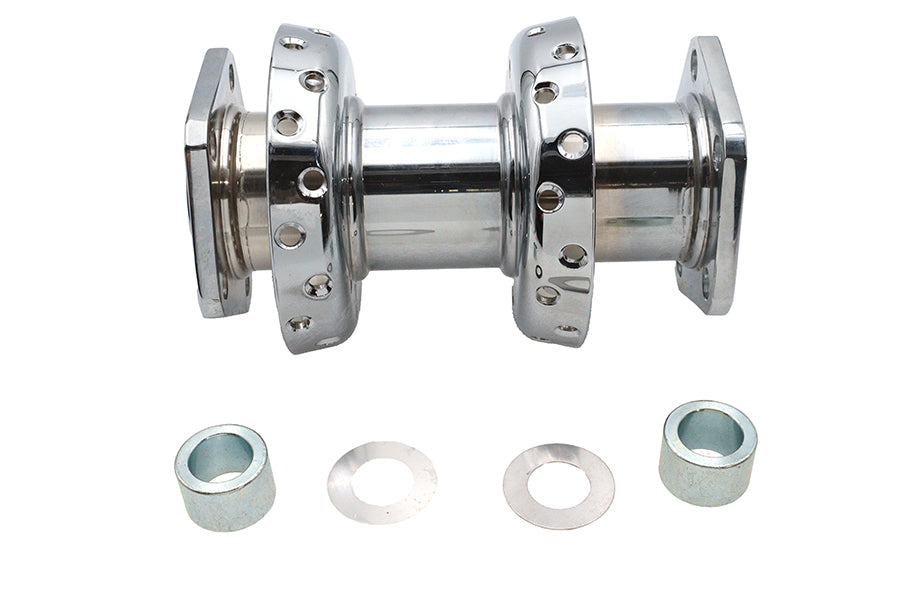 V-TWIN 40 spoke chrome rear wheel hub with extra wide offset dual flange, designed for motorcycle wheel and tire application.