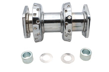 Load image into Gallery viewer, V-TWIN 40 spoke chrome rear wheel hub with extra wide offset dual flange, designed for motorcycle wheel and tire application.