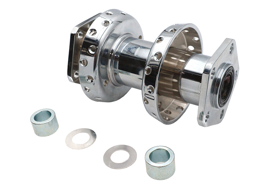 V-TWIN 40-spoke extra wide offset dual flange chrome rear wheel hub for motorcycle with chrome finish.