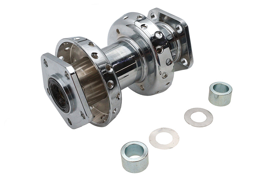 Chrome V-TWIN 40 spoke extra wide offset dual flange rear wheel hub with dual flanges, designed for motorcycle wheel assembly.