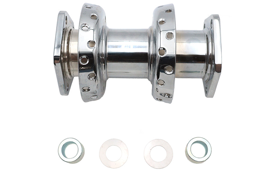 V-TWIN 40 spoke extra wide offset dual flange rear wheel hub in chrome for motorcycle with detailed spoke design.