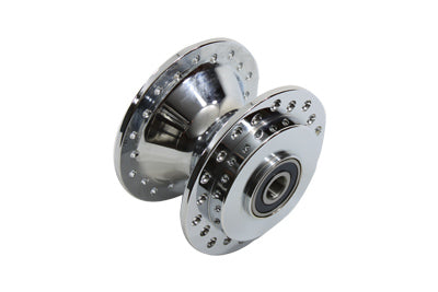 V-Twin chrome front wheel hub for motorcycle wheel and tire, featuring a polished finish and durable construction.